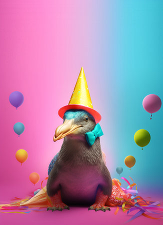 Creative animal concept. platypus in party cone hat necklace bowtie outfit isolated on solid pastel background advertisement, copy text space. birthday party invite invitationの素材