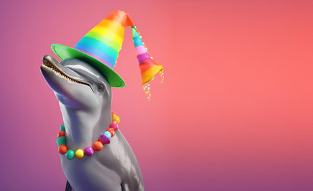 Creative animal concept. dolphin in party cone hat necklace bowtie outfit isolated on solid pastel background advertisement, copy text space. birthday party invite invitationの素材