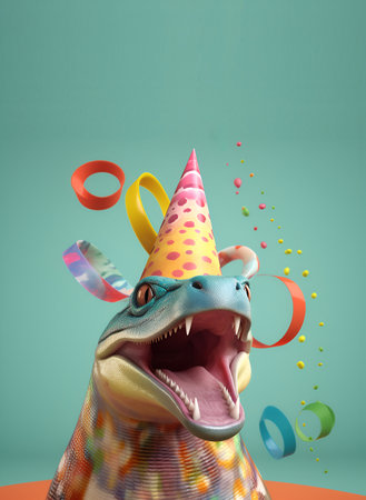 Creative animal concept. dinosaur in party cone hat necklace bowtie outfit isolated on solid pastel background advertisement, copy text space. birthday party invite invitationの素材