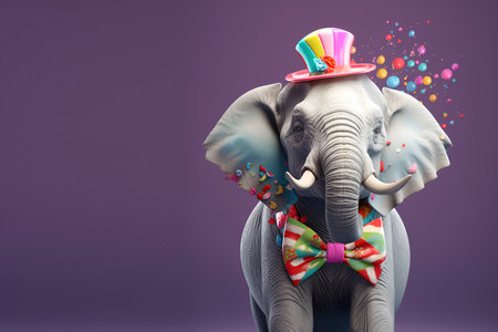Creative animal concept. elephant in party cone hat necklace bowtie outfit isolated on solid pastel background advertisement, copy text space. birthday party invite invitationの素材