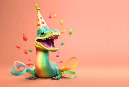 Creative animal concept. dinosaur in party cone hat necklace bowtie outfit isolated on solid pastel background advertisement, copy text space. birthday party invite invitationの素材