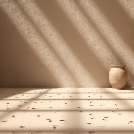 Abstract minimal concept. Rock beige wall natural ceramic texture empty scene with sunlight. Mock up template for product presentation. 3D renderingの写真素材
