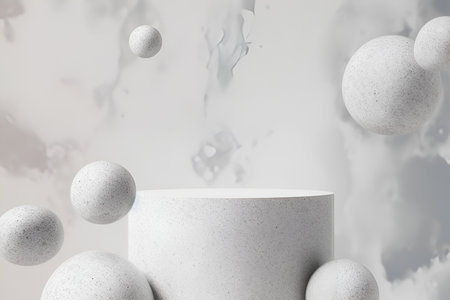 Abstract minimal concept. White rock podium with floating ball granite podium stage platform display. Mock up template for product presentation. 3D renderingの写真素材