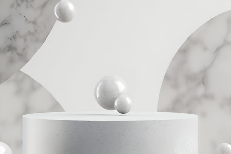 Abstract minimal concept. White rock podium with floating ball granite podium stage platform display. Mock up template for product presentation. 3D renderingの写真素材