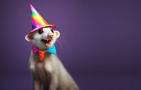 Creative animal concept. ferret in party cone hat necklace bowtie outfit isolated on solid pastel background advertisement, copy text space. birthday party invite invitationの素材