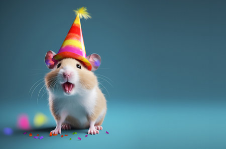 Creative animal concept. hamster in party cone hat necklace bowtie outfit isolated on solid pastel background advertisement, copy text space. birthday party invite invitationの素材