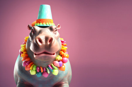 Creative animal concept. hippopotamus in party cone hat necklace bowtie outfit isolated on solid pastel background advertisement, copy text space. birthday party invite invitationの素材