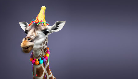 Creative animal concept. giraffe in party cone hat necklace bowtie outfit isolated on solid pastel background advertisement, copy text space. birthday party invite invitationの素材