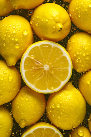 Creative fruits composition. Beautiful yellow lemons sliced half whole glistering with dew water droplet. flat lay top view. seamless macro closeupの素材