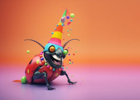 Creative animal concept. ladybird in party cone hat necklace bowtie outfit isolated on solid pastel background advertisement, copy text space. birthday party invite invitationの素材