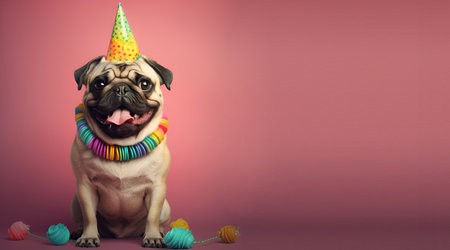 Creative animal concept. pug dog in party cone hat necklace bowtie outfit isolated on solid pastel background advertisement, copy text space. birthday party invite invitationの素材