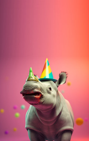 Creative animal concept. rhinoceros in party cone hat necklace bowtie outfit isolated on solid pastel background advertisement, copy text space. birthday party invite invitationの素材