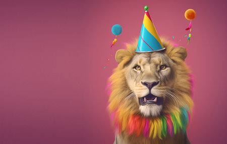 Creative animal concept. lion in party cone hat necklace bowtie outfit isolated on solid pastel background advertisement, copy text space. birthday party invite invitationの素材