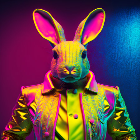 Realistic lifelike bunny hare rabbit in fluorescent electric highlighters ultra-bright neon outfits, commercial, editorial advertisement, surreal surrealism. 80s Era comebackの素材