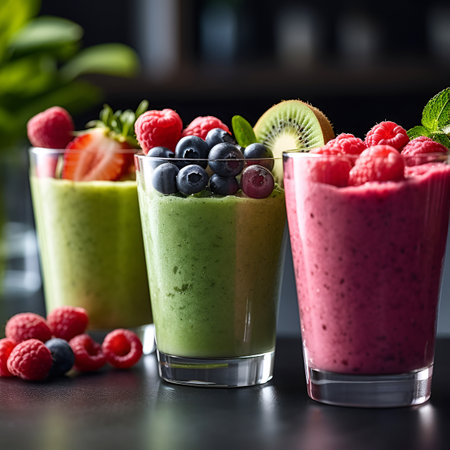 Selection assortment of colourful Healthy fresh fruit and vegetable smoothies with ingredientsの写真素材