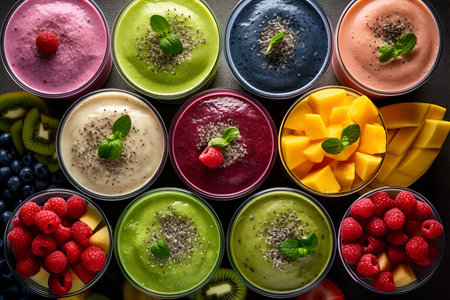 Selection assortment of colourful Healthy fresh fruit and vegetable smoothies with ingredientsの写真素材