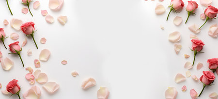 Beautiful pink red rose and petals stalk scattered isolated on white background. Template for product presentation display.. flat lay top view. copy text spaceの写真素材