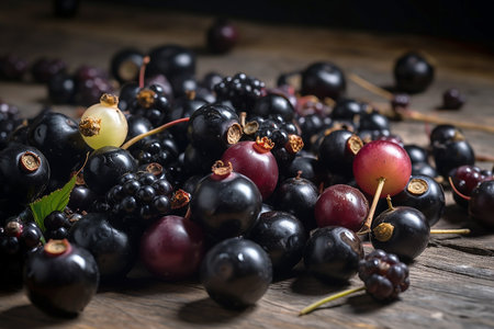 Black currant on a wooden table. Black and white currant.の写真素材