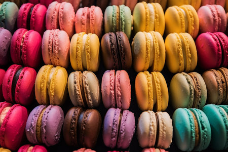 Colorful macaroons in a row. Close-up.の写真素材