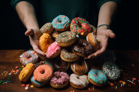 Donuts in the hands of a woman on a dark background.の写真素材