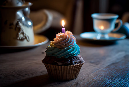 Cupcake with a candle on a wooden table. Toned.の写真素材