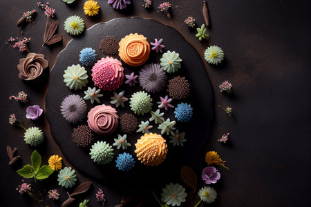 Delicious cupcakes decorated with colorful flowers on dark background. Top viewの素材