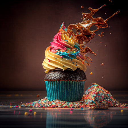 Colorful cupcake with a splash of confetti on a dark backgroundの写真素材