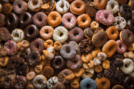 Variety of donuts background. Top view. Toned.の素材