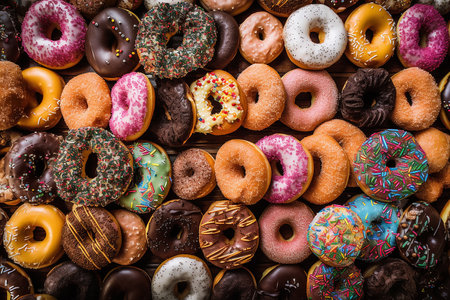 assorted donuts with chocolate frosted, pink glazed and sprinkles donuts.の写真素材