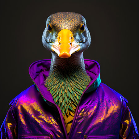 Realistic lifelike duck bird in fluorescent electric highlighters ultra-bright neon outfits, commercial, editorial advertisement, surreal surrealism. 80s Era comeback.の素材