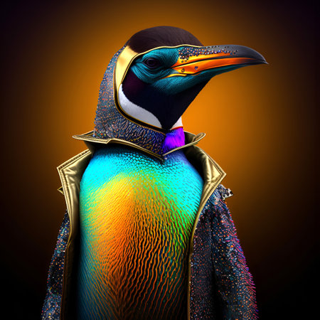 Realistic lifelike penguin in fluorescent electric highlighters ultra-bright neon outfits, commercial, editorial advertisement, surreal surrealism. 80s Era comebackの素材