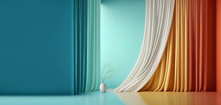Pastel turquoise blue green empty wall in room with coloured silk curtain drapes. Mock up Template for product presentation. Living, gallery, studio, office concept. 3D renderingの写真素材