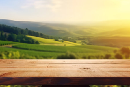 Creative mock concept. Empty wooden table top with vineyards at summer landscape blurred background. Template for product presentation display. 3D renderingの素材