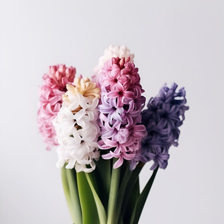 Bouquet of hyacinth flower plant with leaves isolated on white background. Flat lay, top side frontal view. macro closeupの写真素材