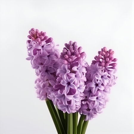 Bouquet of hyacinth flower plant with leaves isolated on white background. Flat lay, top side frontal view. macro closeupの写真素材