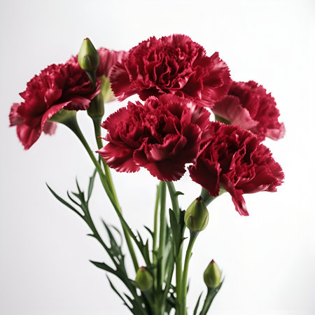 Bouquet of carnation flower plant with leaves isolated on white background.  Flat lay, top side frontal view. macro closeupの写真素材