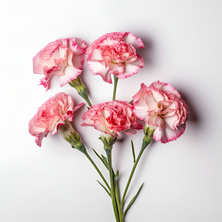 Bouquet of carnation flower plant with leaves isolated on white background.  Flat lay, top side frontal view. macro closeupの写真素材