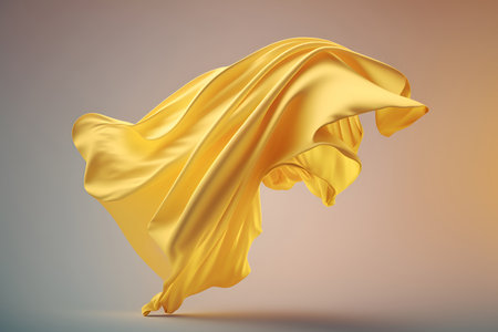 Beautiful gold yellow silk cloth floating flying in the air. With copy text space. Mock up template for product presentation. 3D rendering.の写真素材