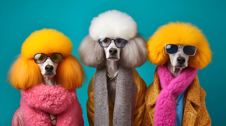 Creative animal concept. Gang family of poodle dog puppy in vibrant bright fashionable outfits, commercial, editorial advertisement, surreal surrealism. Group shot.の素材