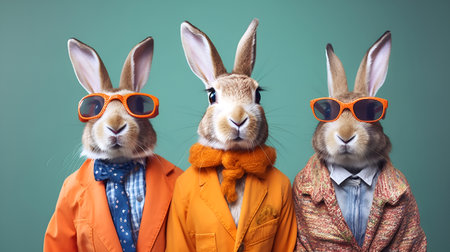 Three funny bunnies in orange coat and orange sunglasses on green backgroundの素材