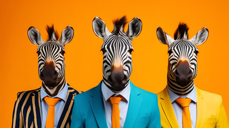 Creative animal concept. Gang family of zebra in vibrant bright fashionable outfits, commercial, editorial advertisement, surreal surrealism. Group shot.の素材