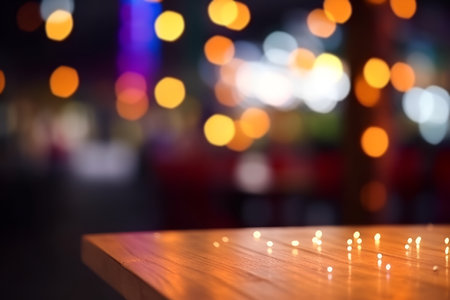Creative mock concept. Empty wooden table top in front of restaurant neon lights blurred bokeh  background. Template for product presentation display. 3D renderingの写真素材