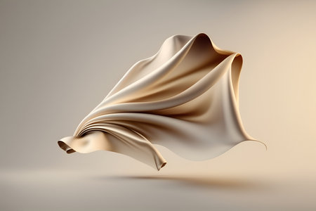 Beautiful light pastel beige nude silk cloth floating flying in the air. With copy text space. Mock up template for product presentation. 3D rendering.の素材