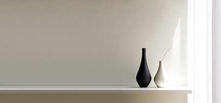 Creative interior concept. Beige nude empty wall with long wooden shelf and vase decor. Template Banner for product presentation. 3D rendering. copy text spaceの写真素材