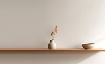 Creative interior concept. Beige nude empty wall with long wooden shelf and vase decor. Template Banner for product presentation. 3D rendering. copy text spaceの写真素材