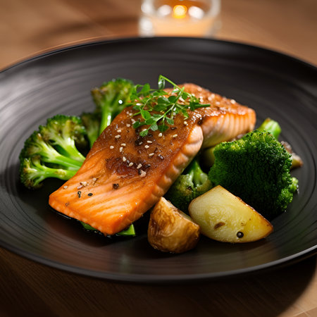 Baked pan-fried fish salmon garnished with vegetables broccoli, potato, carrot, tomato set on a ceramic black plate. Dietary menu. Fish menu. Seafood.の写真素材