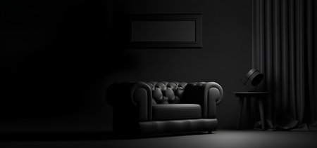 Creative interior concept. Dark large empty wall room with blank frame furniture deco. Banner template for product presentation. Mock up 3D rendering living, office, galleryの写真素材