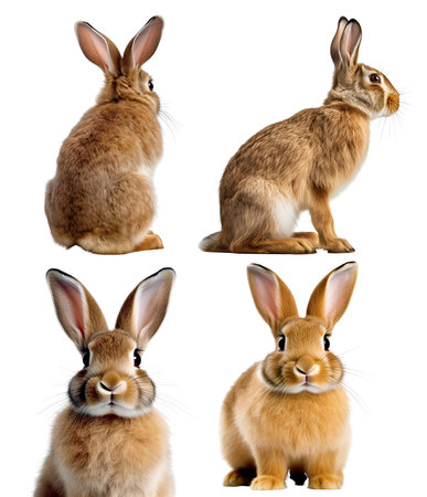 Brown bunny rabbit hare, many angles and view portrait side back head shot isolated on white backgroundの写真素材