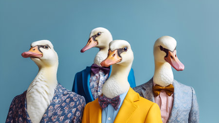 Creative animal concept. Gang family of swan bird in vibrant bright fashionable outfits, commercial, editorial advertisement, surreal surrealism. Group shot. Generative AIの素材