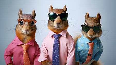 Creative animal concept. Gang family of bee insect in vibrant bright fashionable outfits, commercial, editorial advertisement, surreal surrealism. Group shot.の素材